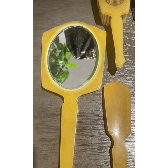 Vintage Yellow Celluloid Vanity Dresser Set With Mirror Brush Comb Nail Tools Po - Picture 10 of 12